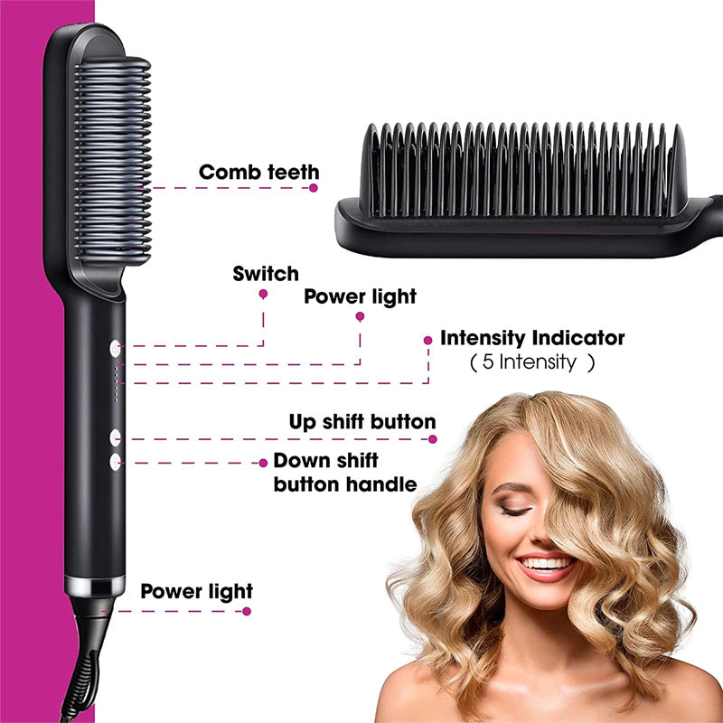2-in-1 Hair Straightener & Curler Brush | Negative Ion Hot Comb | Anti-Scald Electric Straightening Comb for All Hair Types