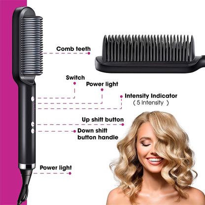 2-in-1 Hair Straightener & Curler Brush | Negative Ion Hot Comb | Anti-Scald Electric Straightening Comb for All Hair Types